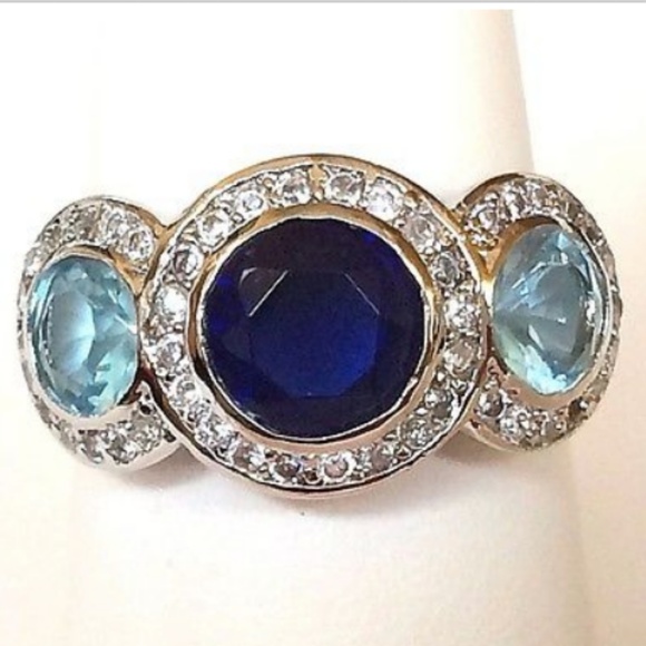 Silver Sapphire Victorian Gypsy Ring Size 10 Aquamarine Cubic Zirconia Rhodium - Picture 1 of 8